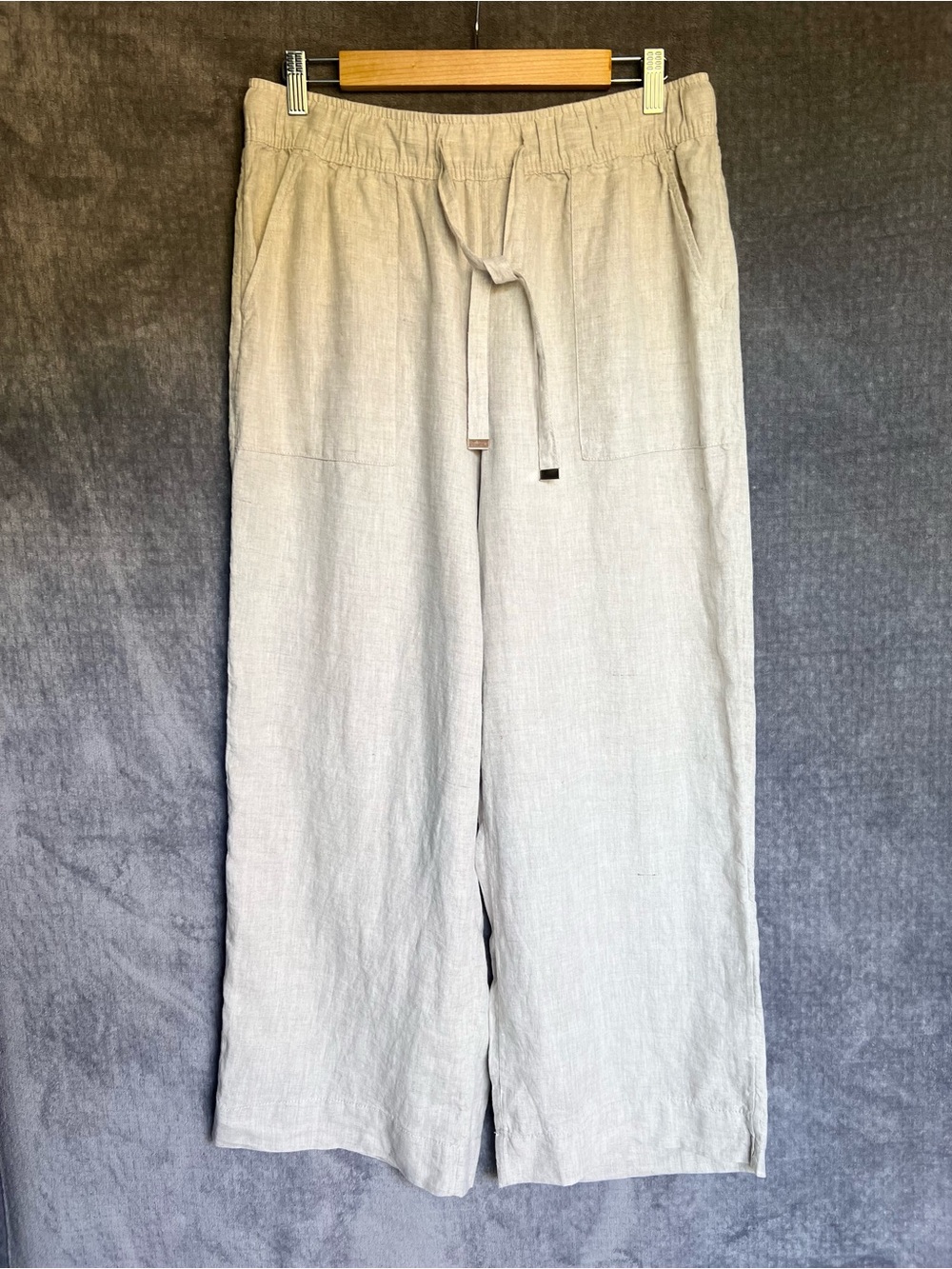 Joie 100% Linen Pants Womens Sz L Wide Leg Elastic Waist Pull On Pockets Coastal